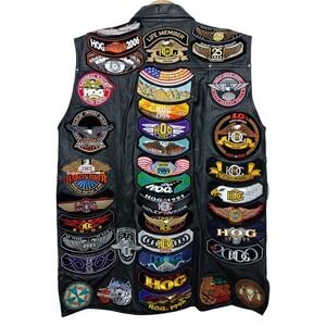 Vtg Harley Davidson Leather Biker Shirt Vest Patch Pins Mens L Motorcycle